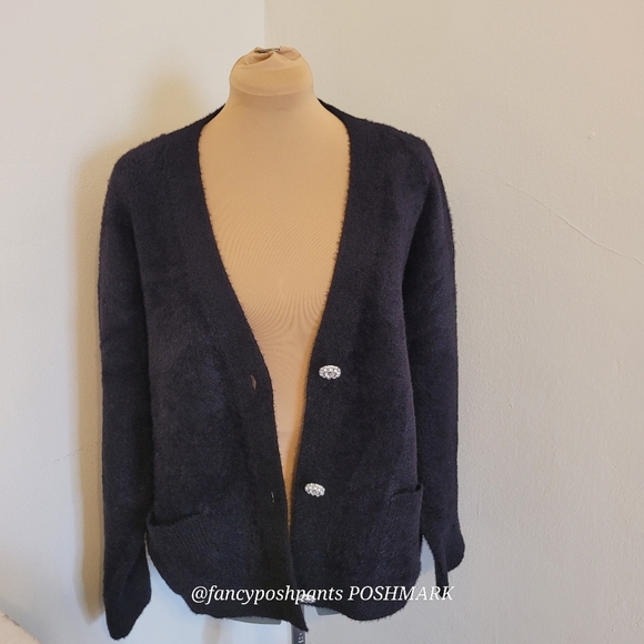 new! Black lux faux mohair boxy Vneck cardigan Liz Claiborne sweater rhinestone - Picture 16 of 17